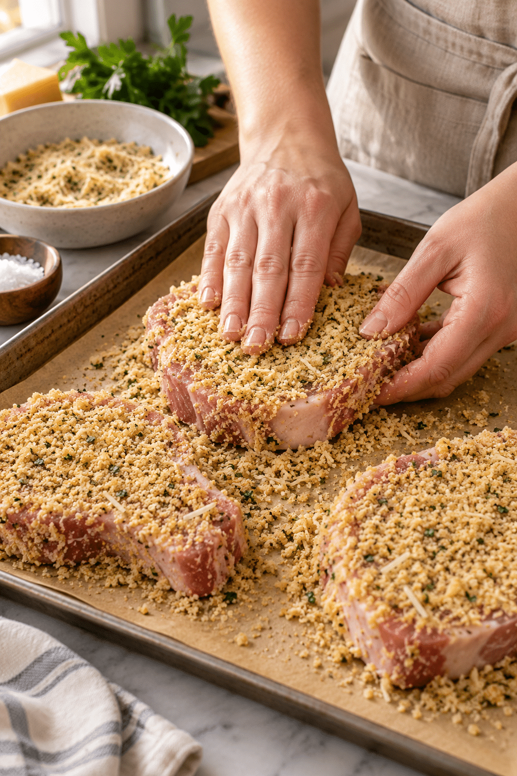 Parmesan crust coating pork chops before baking