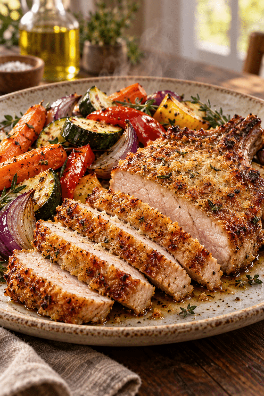 Golden Parmesan crusted pork chops ready to serve