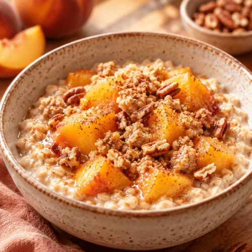 peach cobbler oatmeal in a ceramic bowl with peaches and pecans