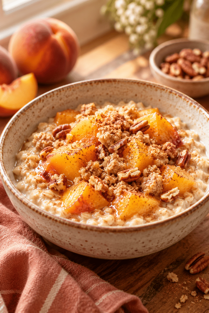 peach cobbler oatmeal in a ceramic bowl with peaches and pecans