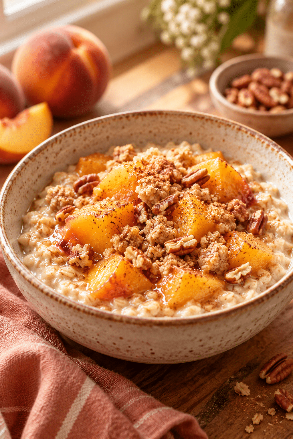 peach cobbler oatmeal in a ceramic bowl with peaches and pecans