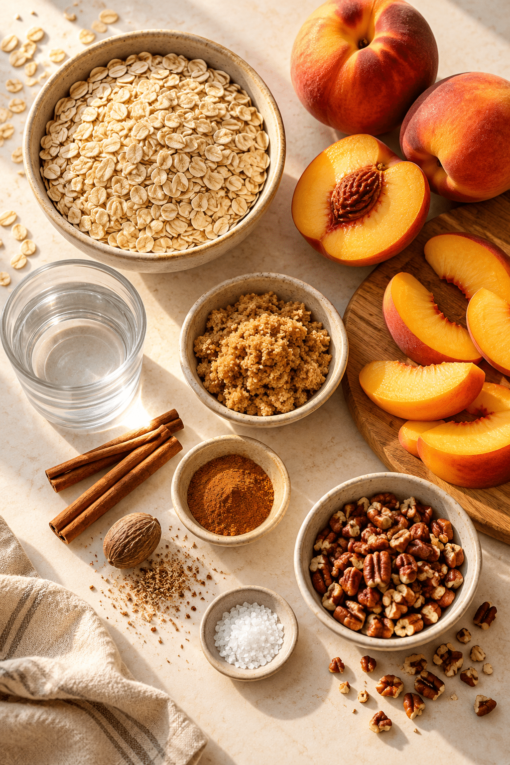 peach cobbler oatmeal ingredients arranged for breakfast