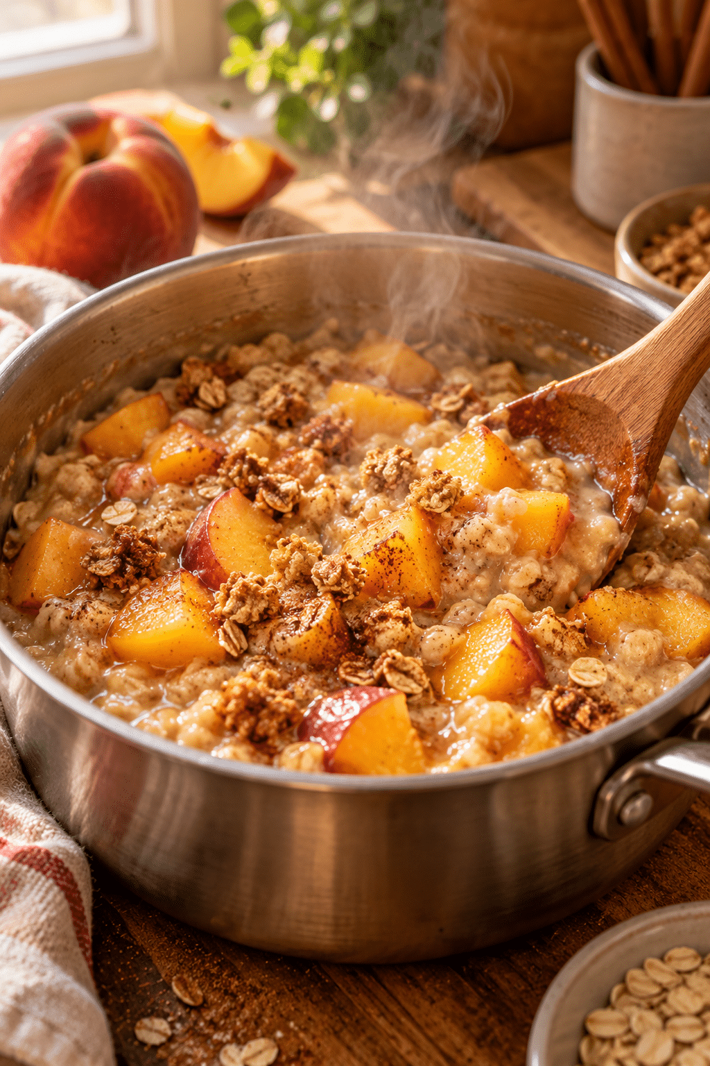 peach cobbler oatmeal simmering with peaches and spices