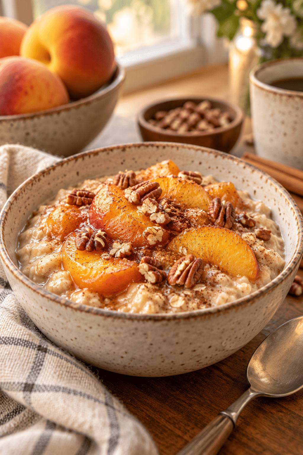 warm peach cobbler oatmeal served with peaches and pecans