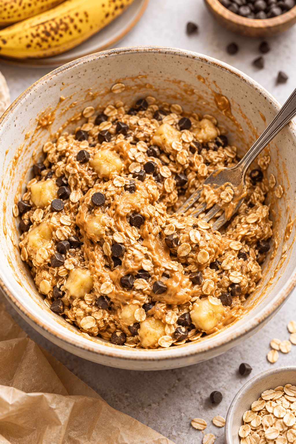 peanut butter banana energy bite mixture being stirred