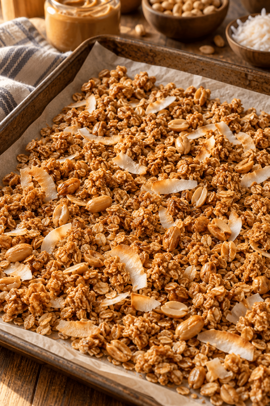 Baking peanut butter granola until toasted