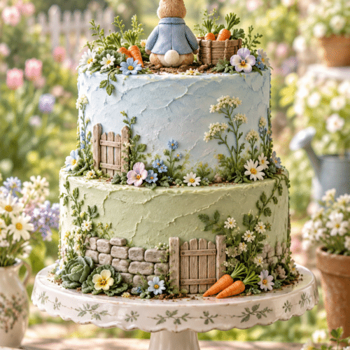 Peter Rabbit cake with pastel bunny-garden decoration