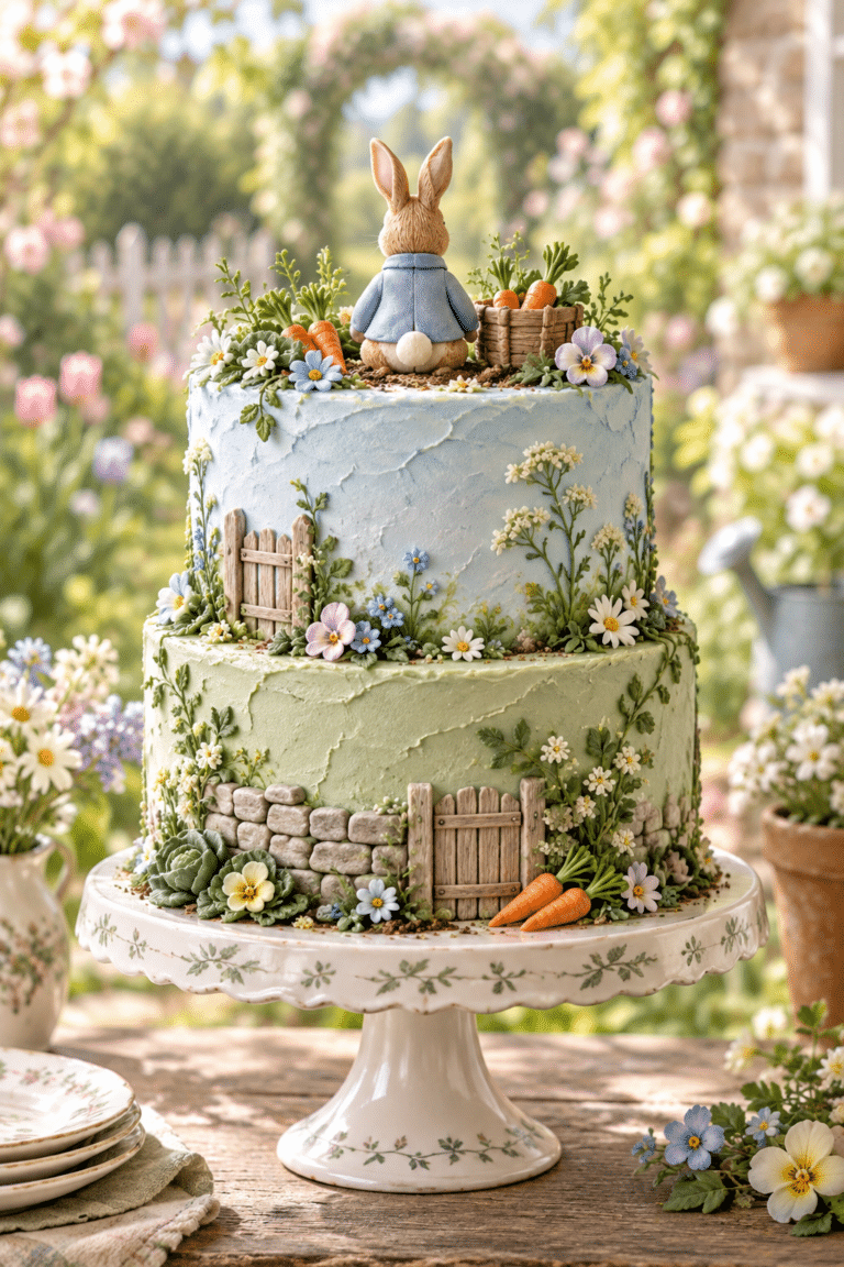Peter Rabbit cake with pastel bunny-garden decoration