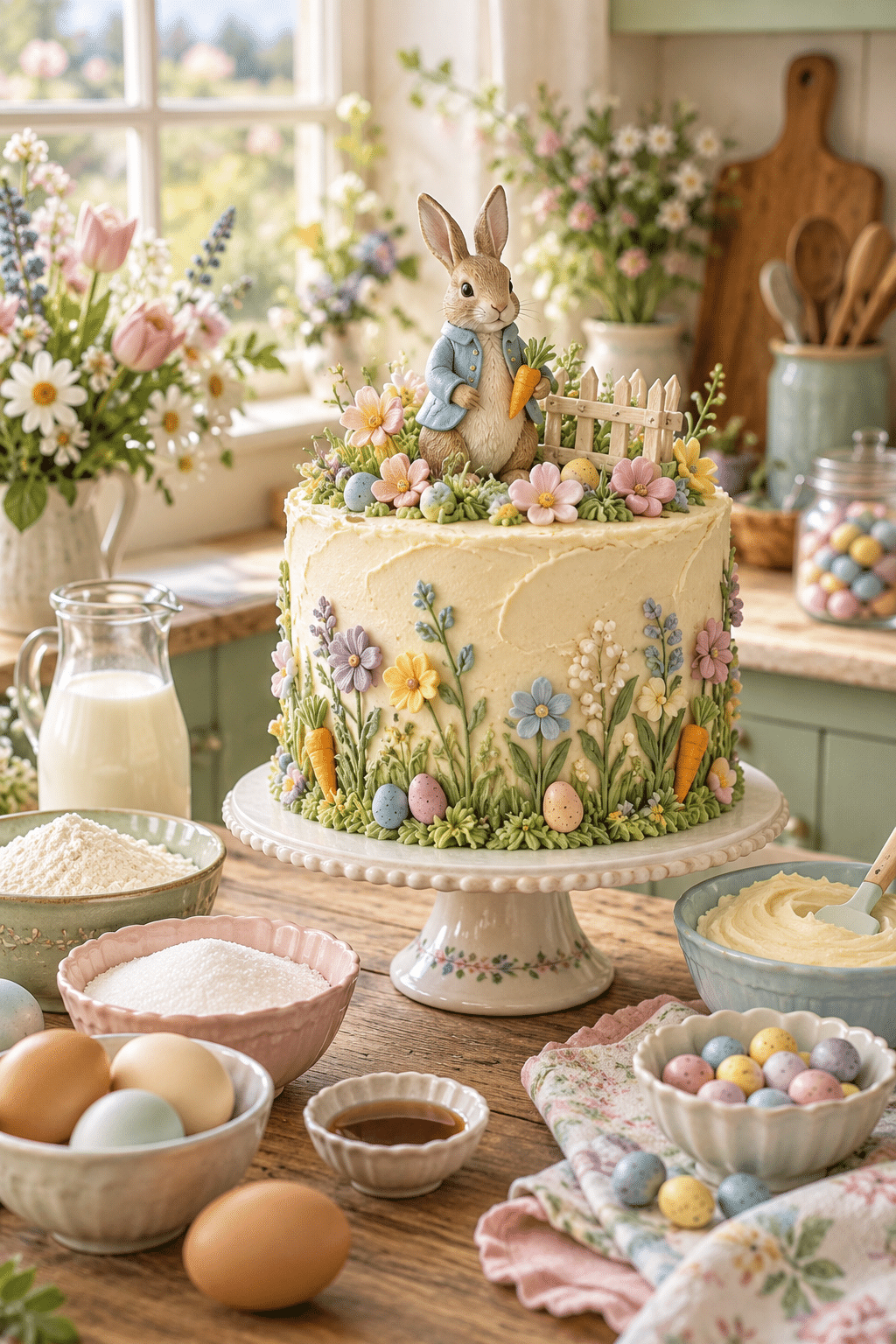 Peter Rabbit cake ingredients measured and arranged