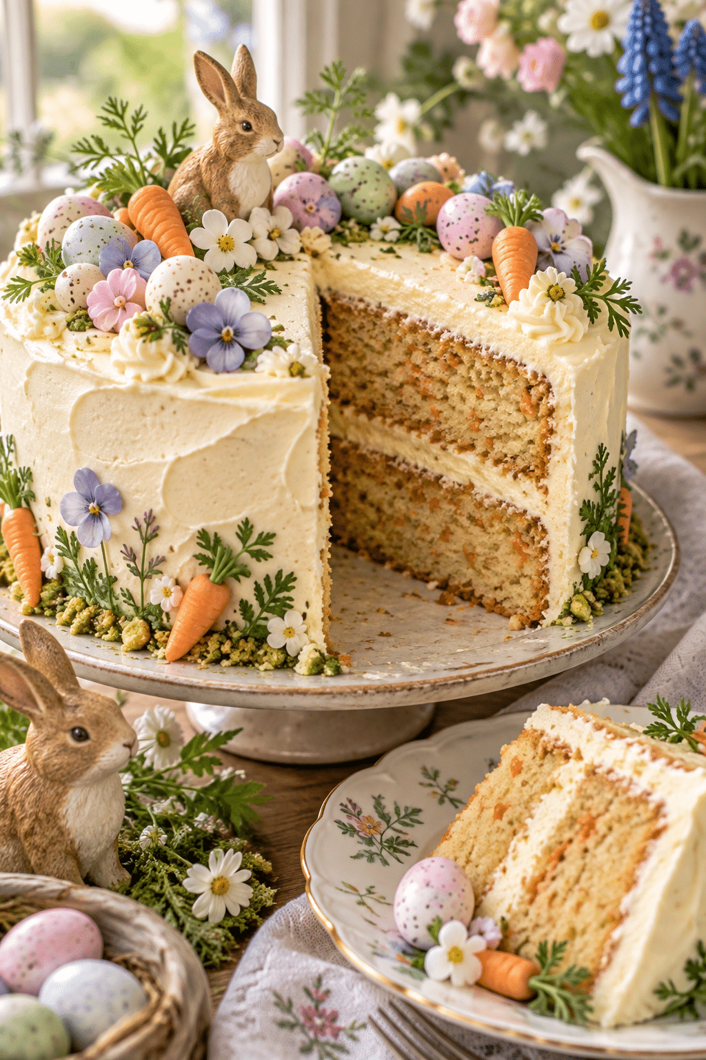 finished Peter Rabbit cake with pastel bunny-garden decoration