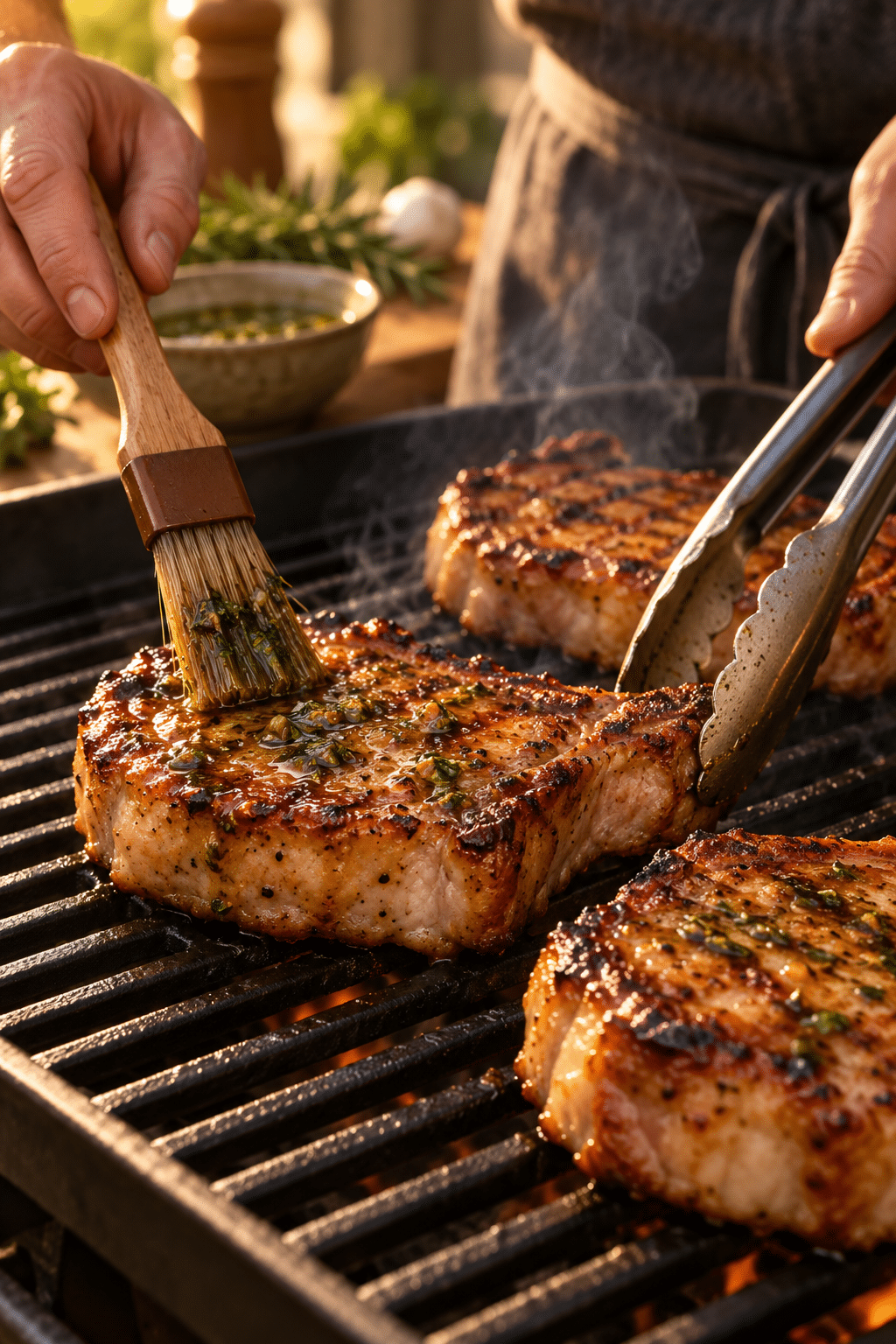 Pork chops cooking on the grill after marinating