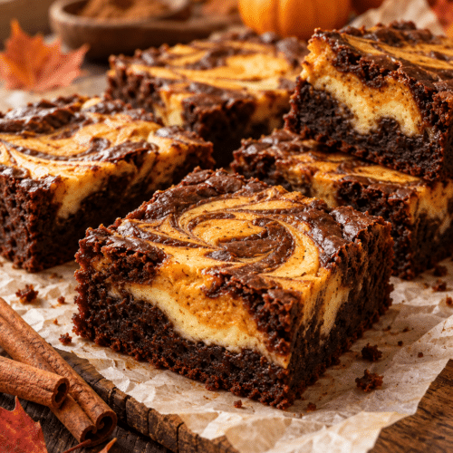 Pumpkin brownies stacked on a serving board