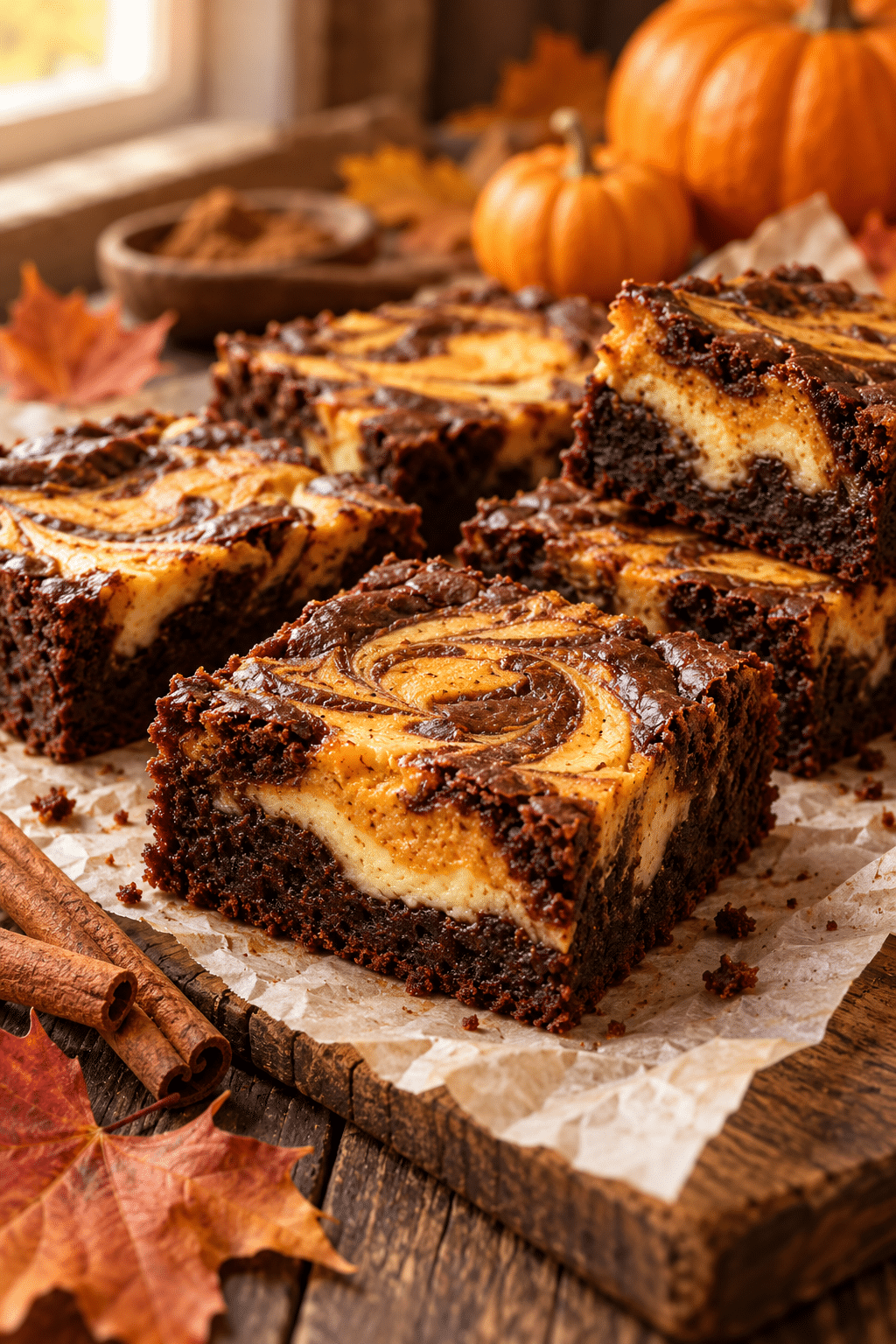 Pumpkin brownies stacked on a serving board