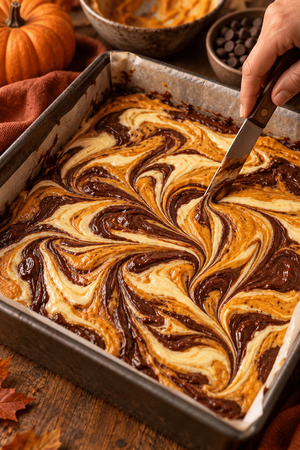 Swirling pumpkin brownie batter before baking