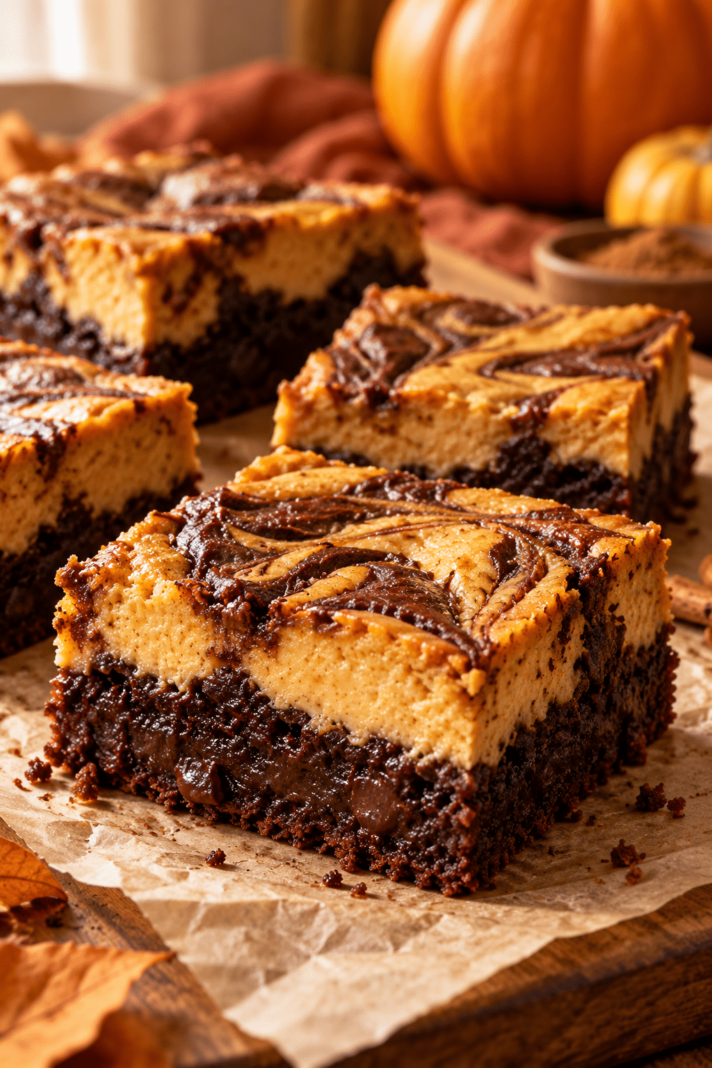 Fudgy pumpkin brownies with pumpkin cheesecake layer
