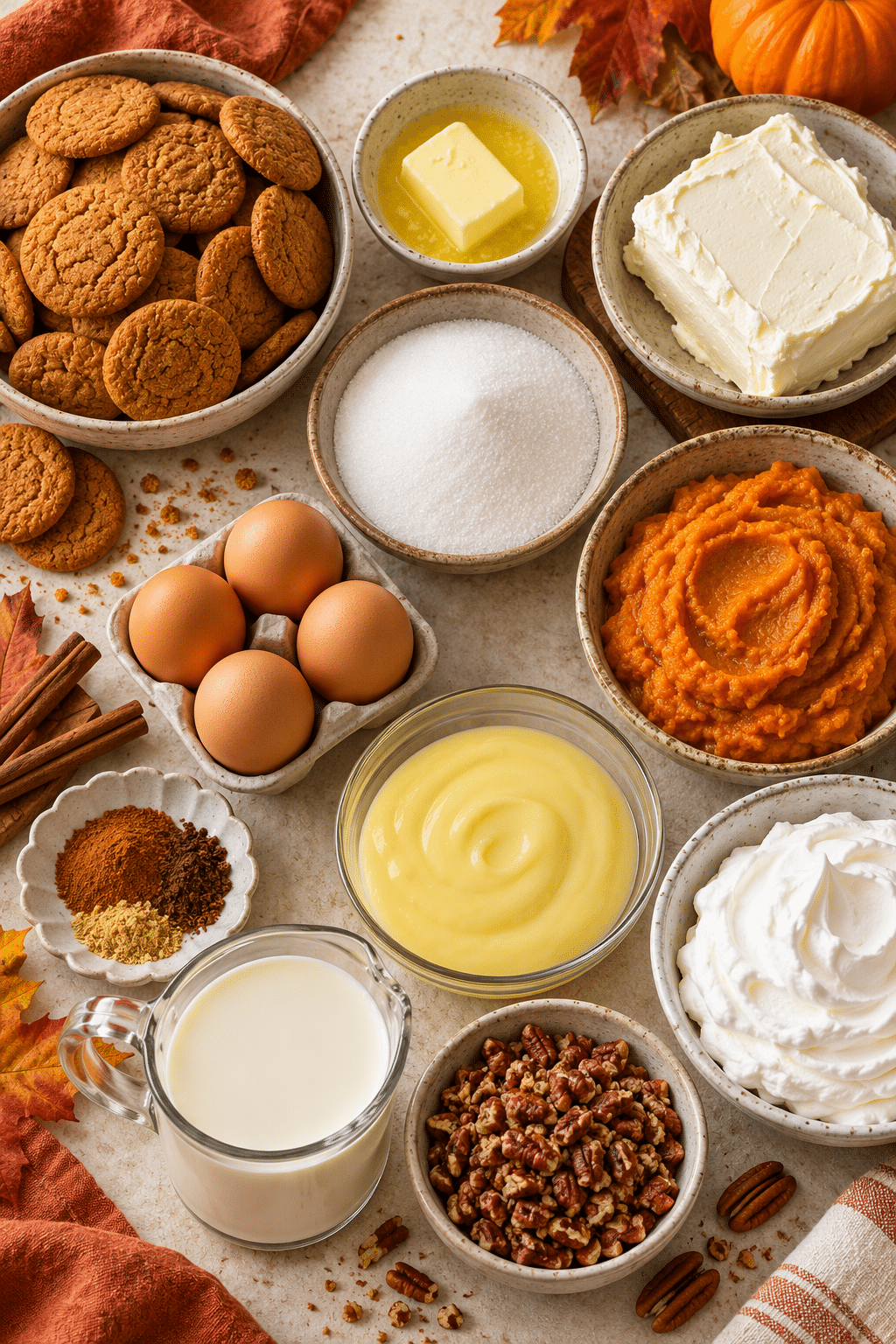 Ingredients for pumpkin cheesecake layered pudding dessert