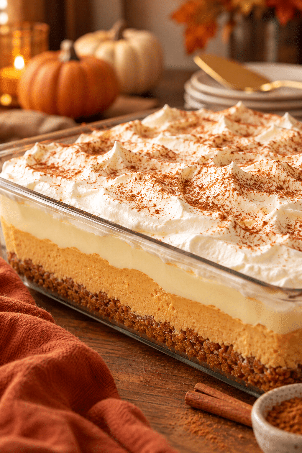 Layering pumpkin cheesecake pudding dessert in a pan