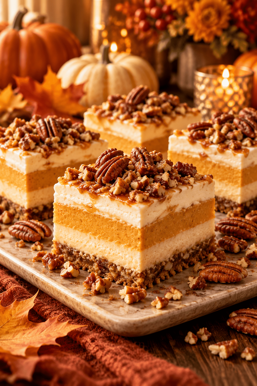 Slice of pumpkin cheesecake layered pudding dessert with pecans