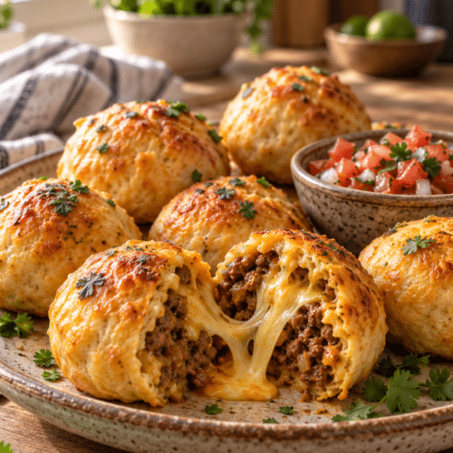 Queso taco bombs with cheesy beef filling