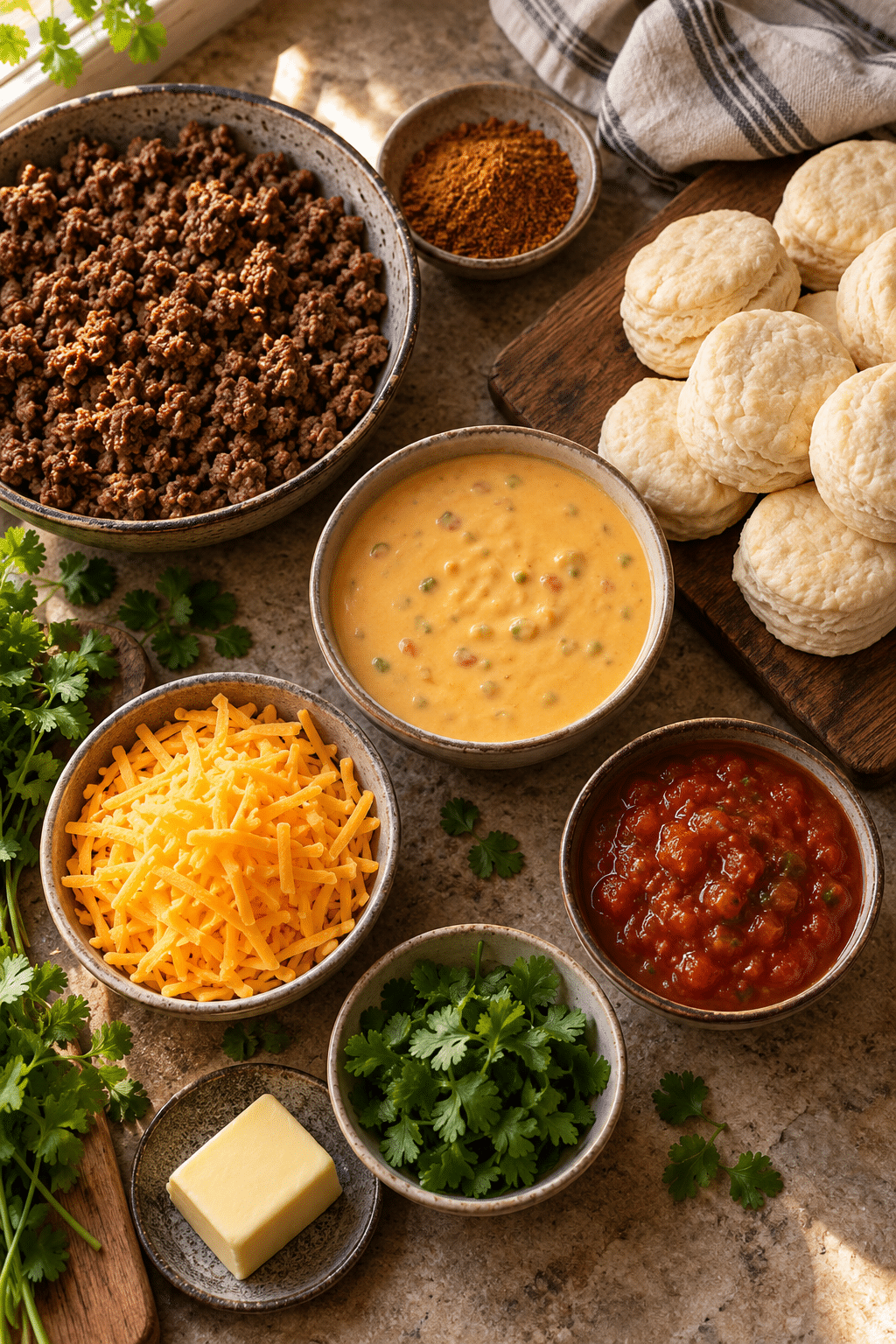 Queso taco bombs ingredients arranged on a counter