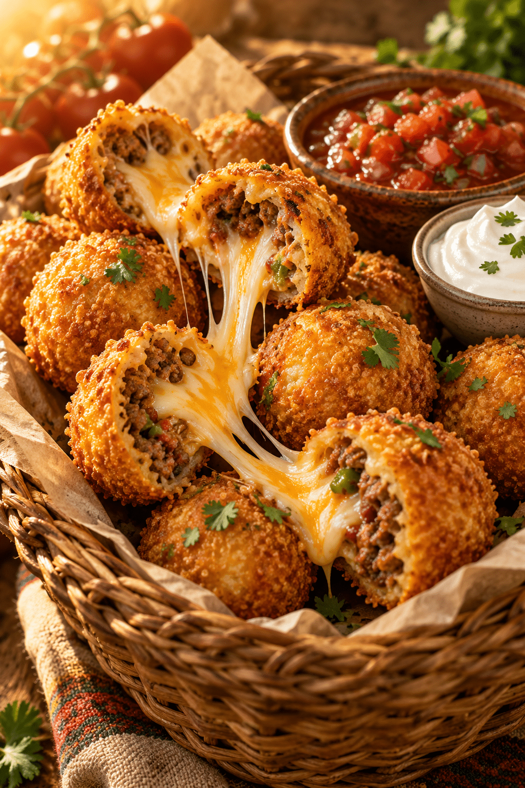Finished queso taco bombs served with salsa
