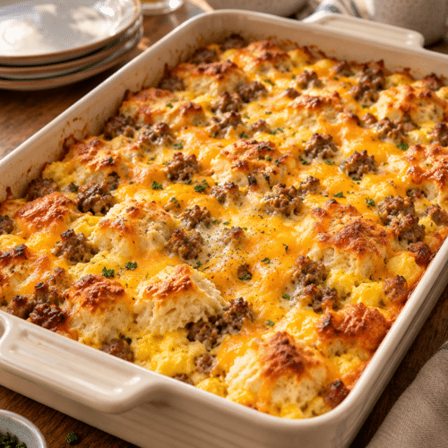 Sausage egg and biscuit breakfast casserole in a baking dish