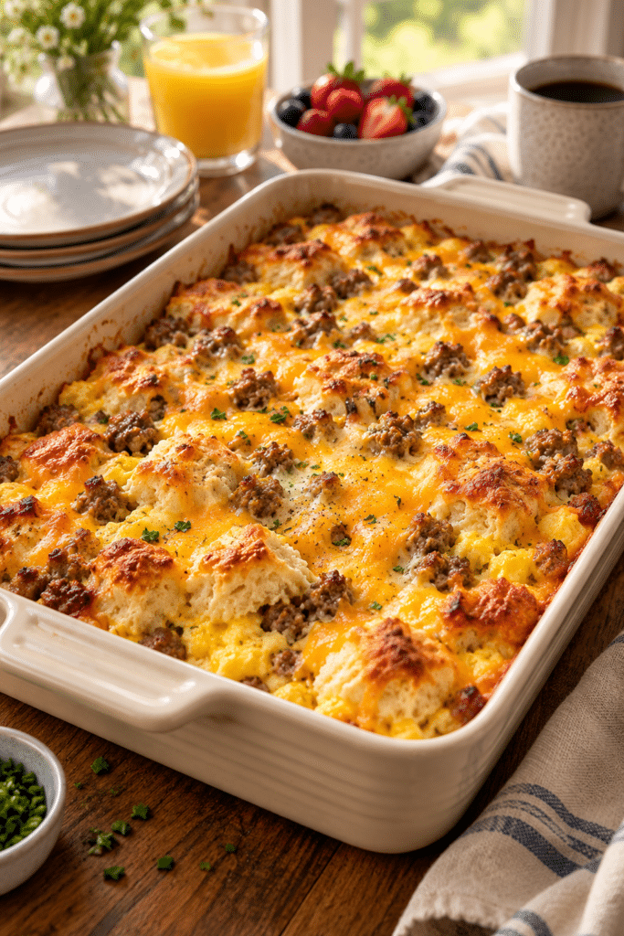 Sausage egg and biscuit breakfast casserole in a baking dish