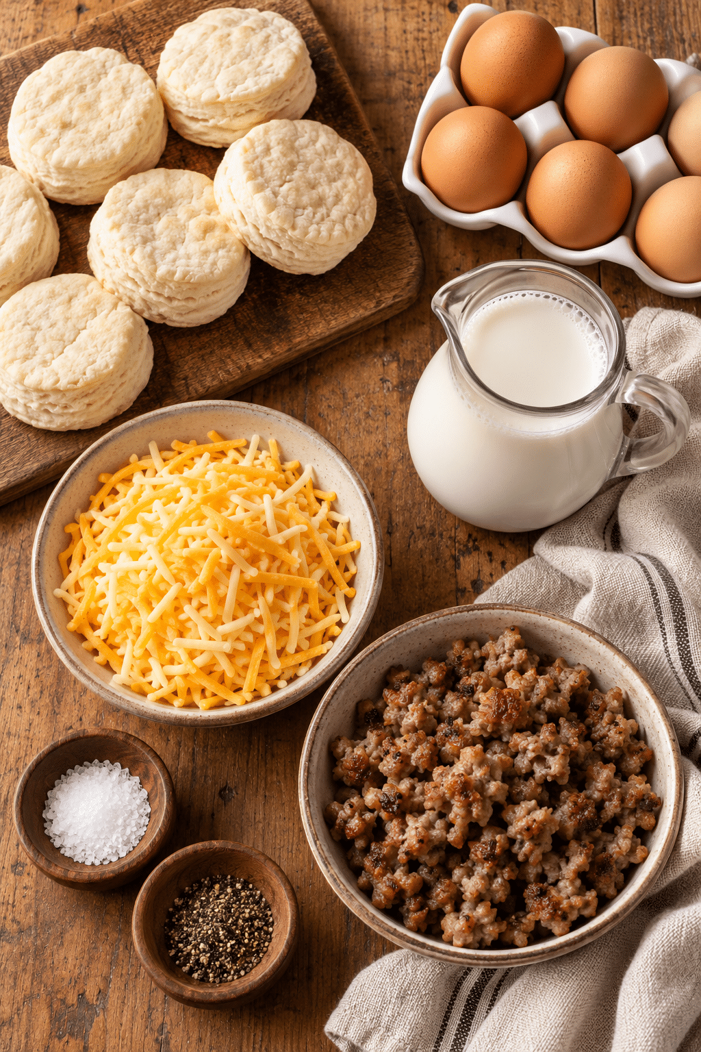 Ingredients for a sausage egg and biscuit breakfast casserole