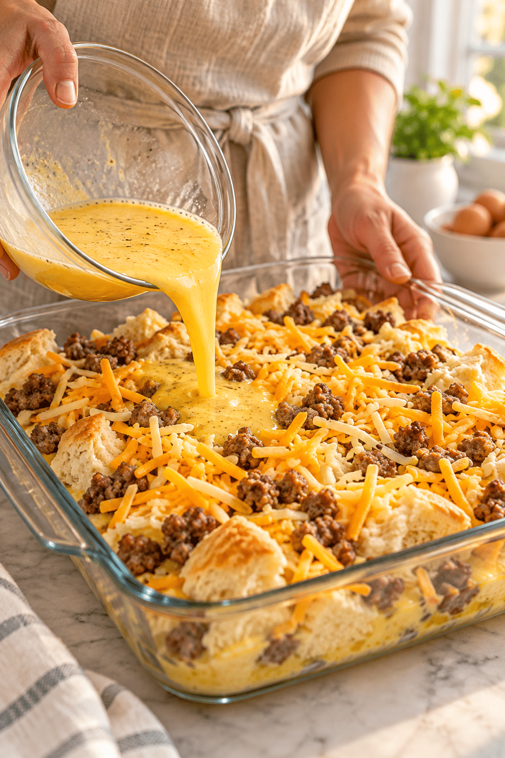 Layering the sausage egg and biscuit breakfast casserole before baking
