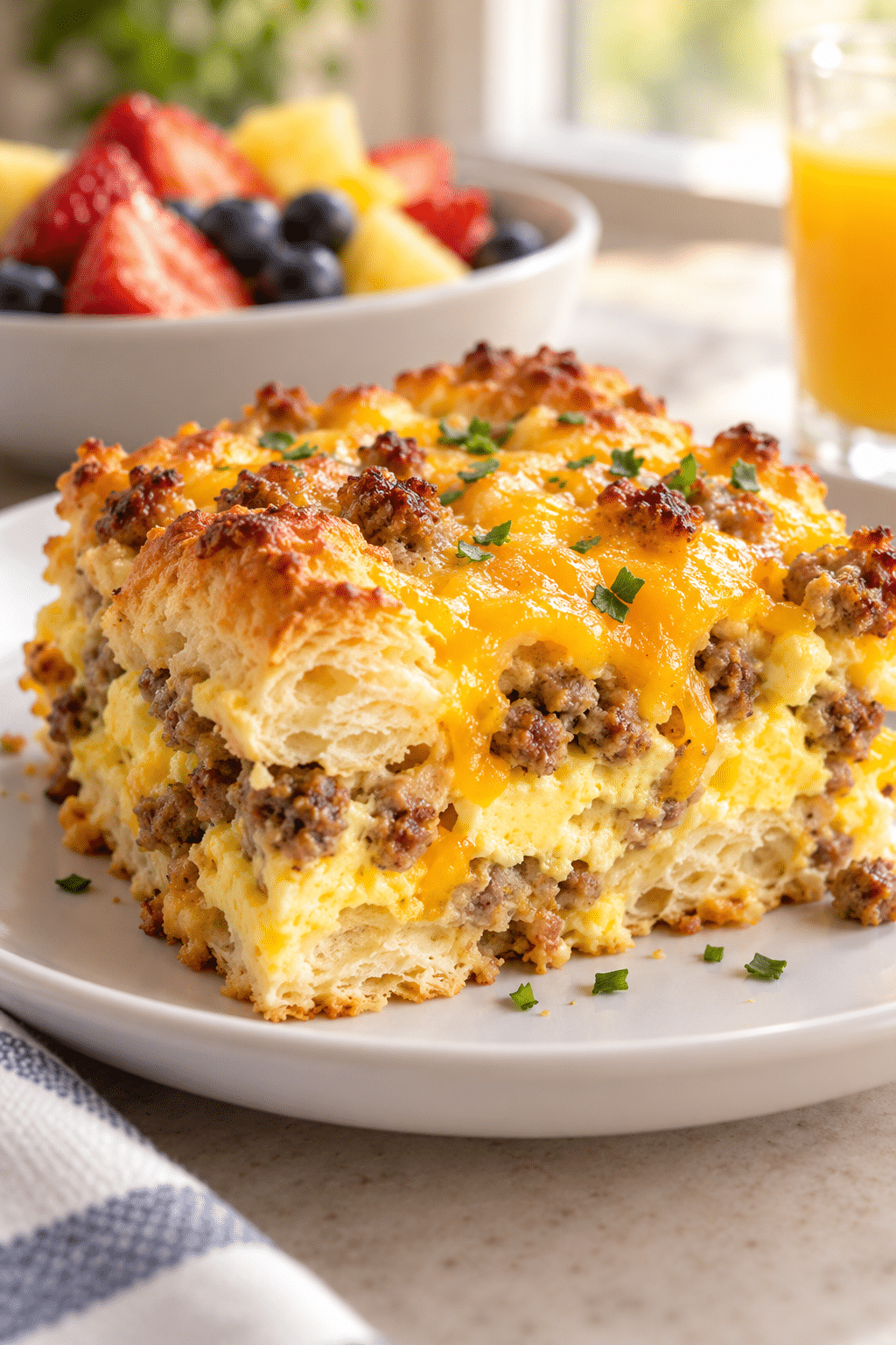 Baked sausage egg and biscuit breakfast casserole cut into portions