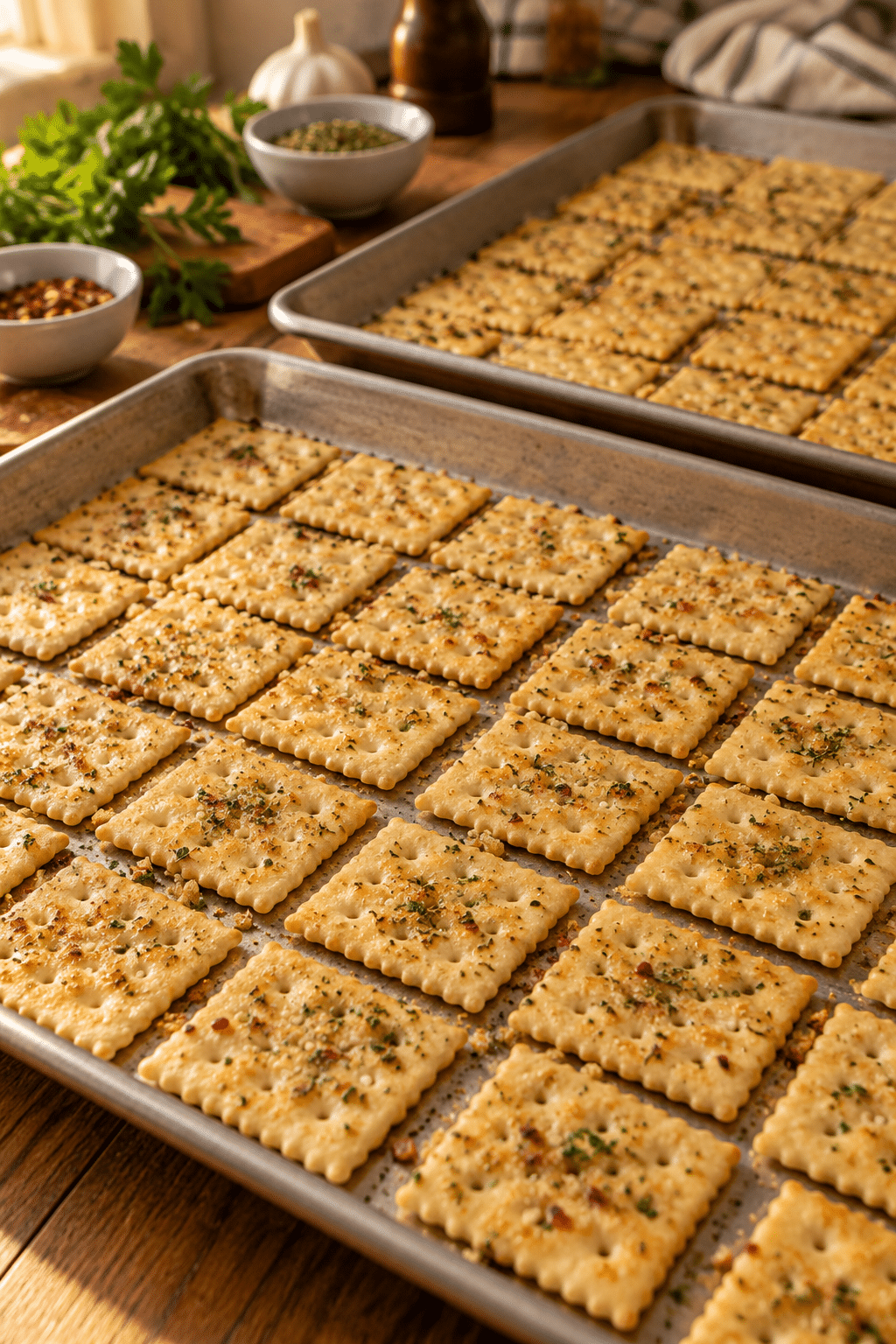 seasoned snack crackers baking on sheet pans