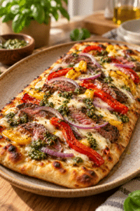 Sirloin steak flatbread with pesto and roasted peppers