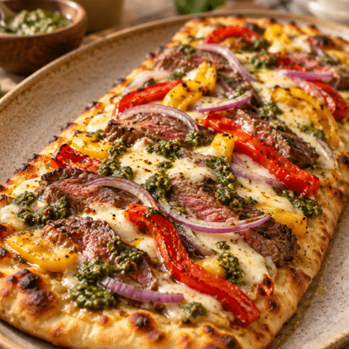 Sirloin steak flatbread with pesto and roasted peppers