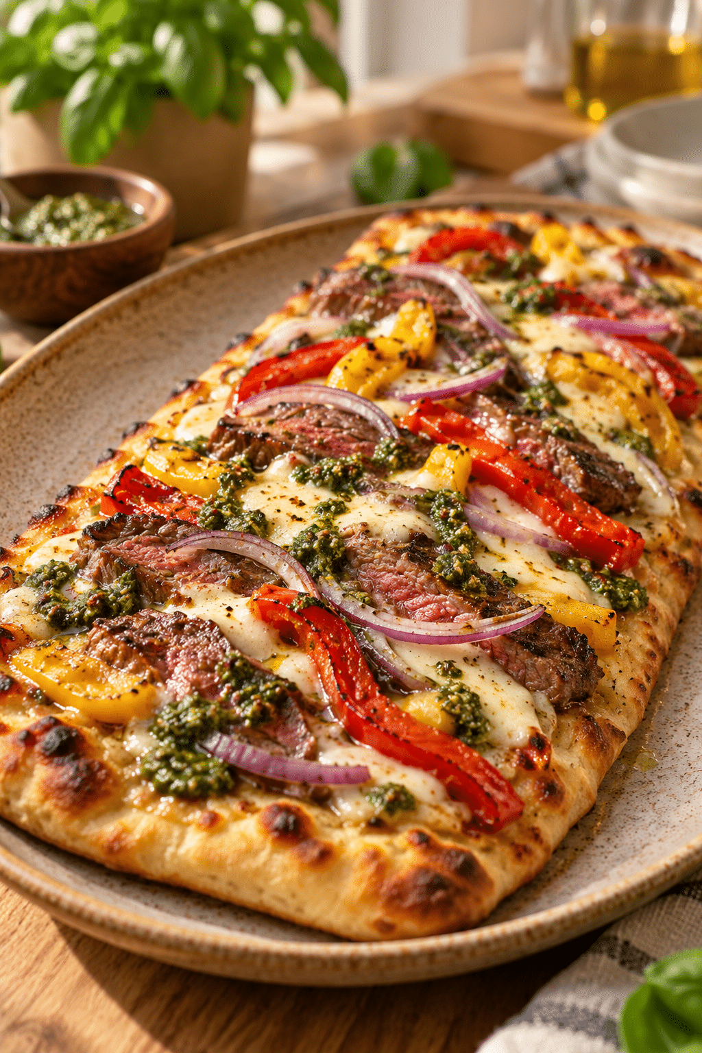 Sirloin steak flatbread with pesto and roasted peppers