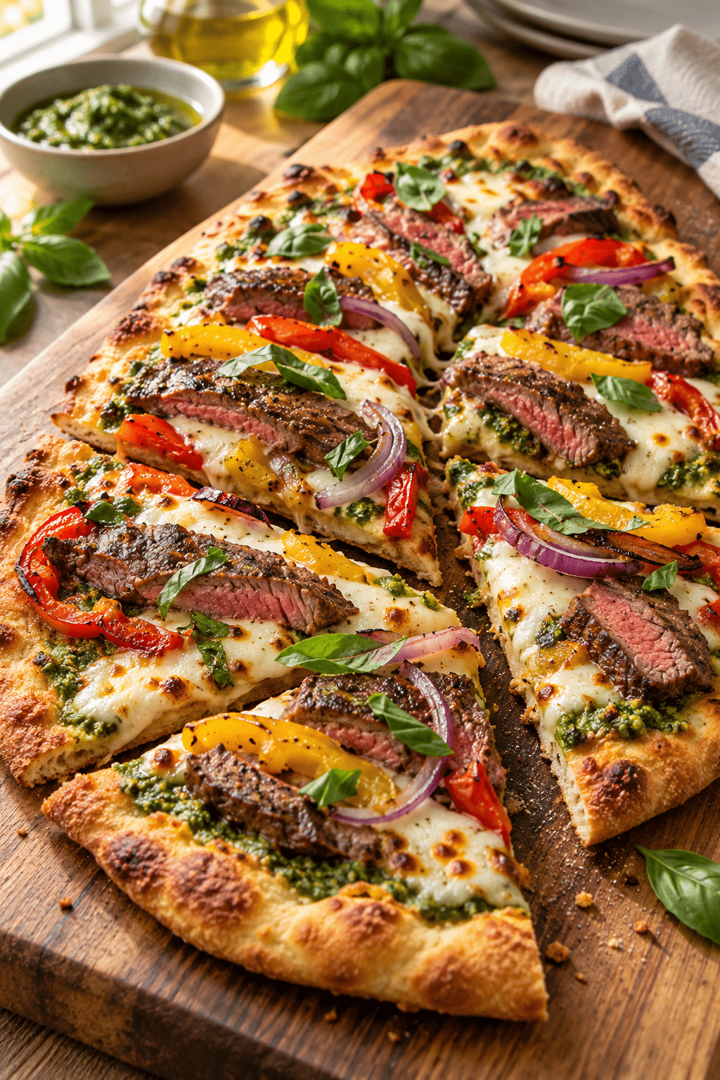 Sliced sirloin steak flatbread ready to serve