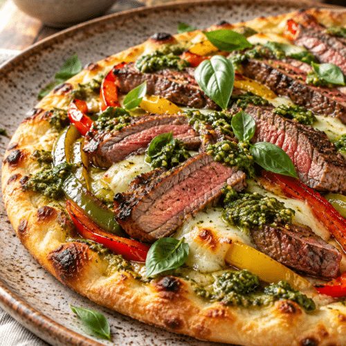 Sirloin steak pesto flatbread with peppers