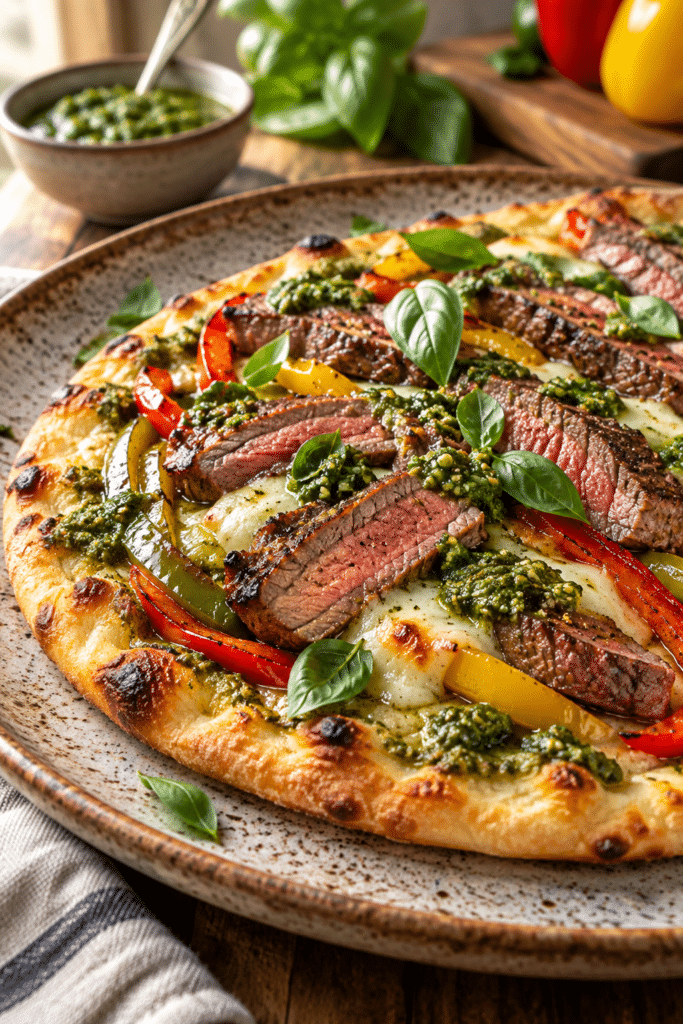 Sirloin steak pesto flatbread with peppers
