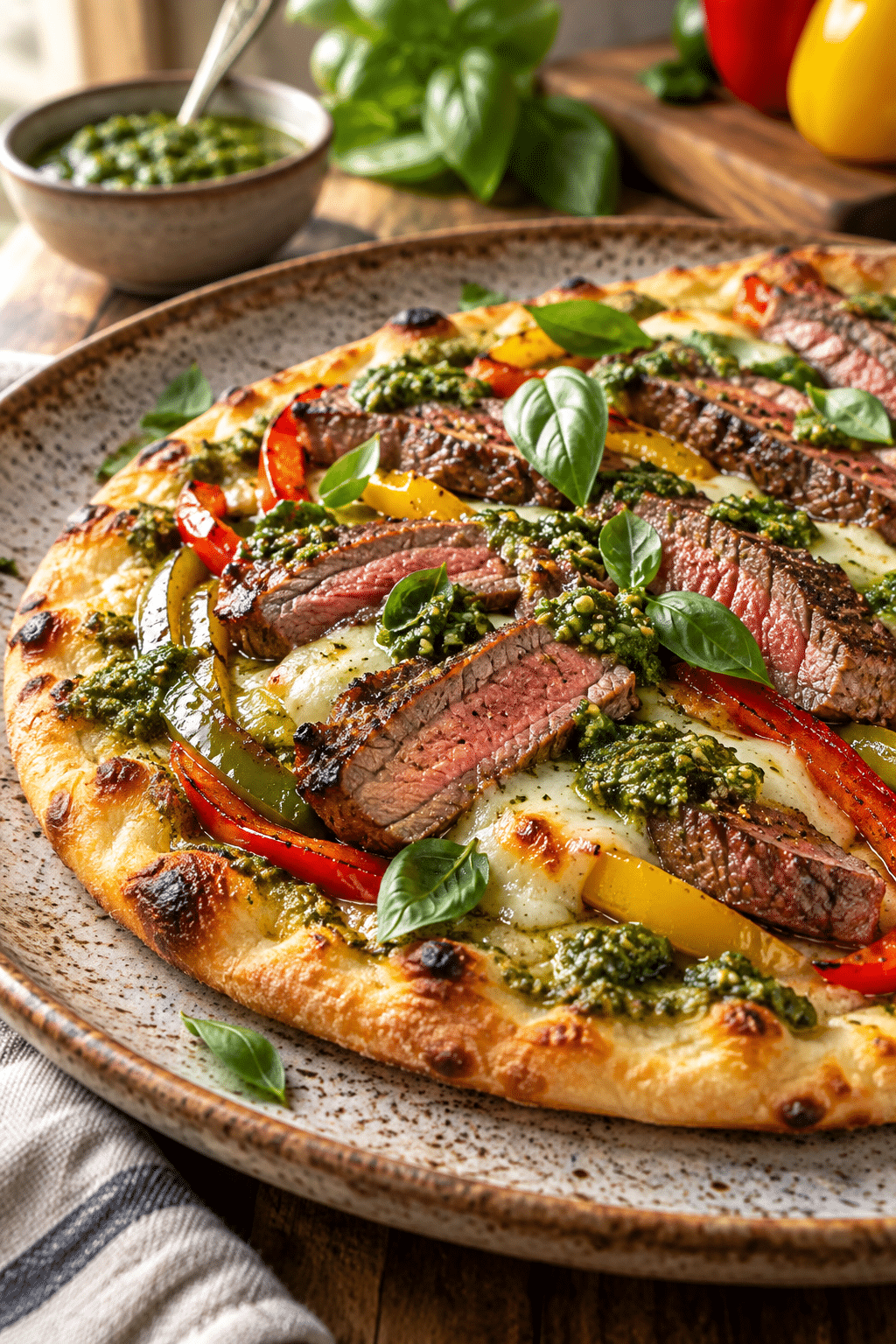 Sirloin steak pesto flatbread with peppers