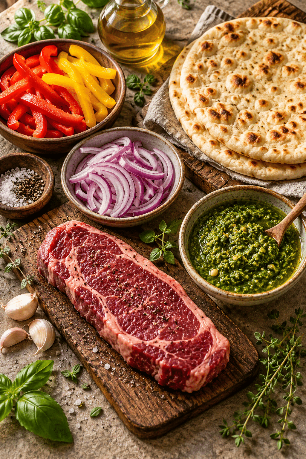 Ingredients for sirloin steak pesto flatbread