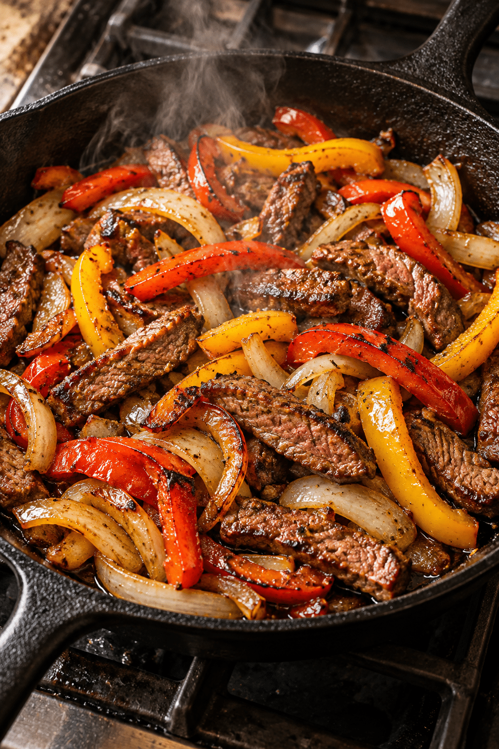 Sirloin steak and peppers cooking for flatbread