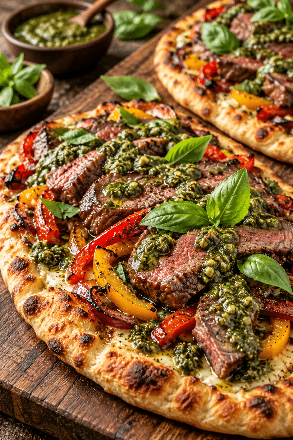 sirloin steak pesto bell pepper flatbread with peppers