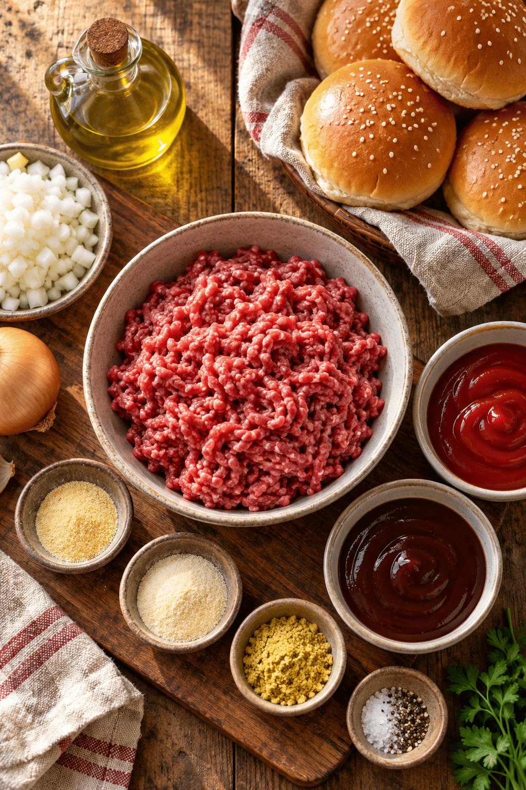 Ingredients for sloppy joes arranged for cooking