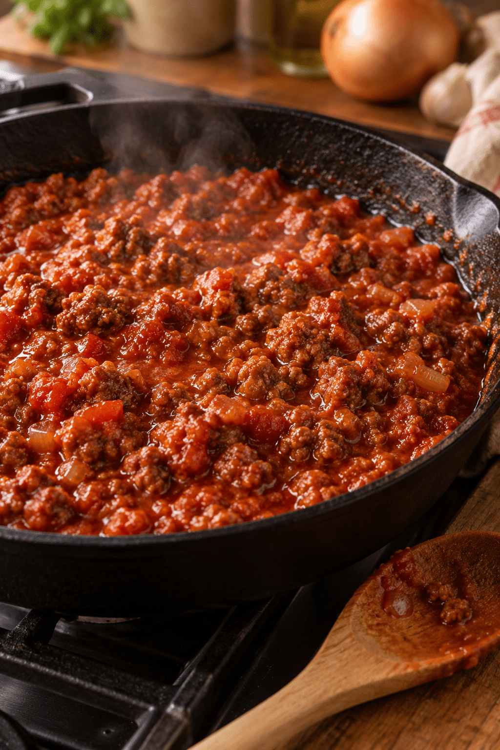 Sloppy joe beef simmering in a skillet