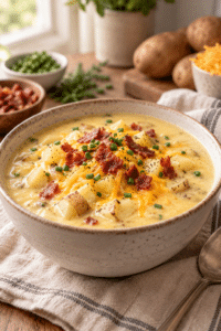 slow cooker baked potato soup in a bowl