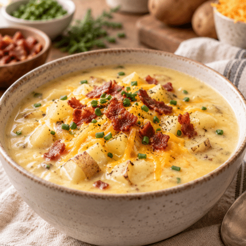 slow cooker baked potato soup in a bowl