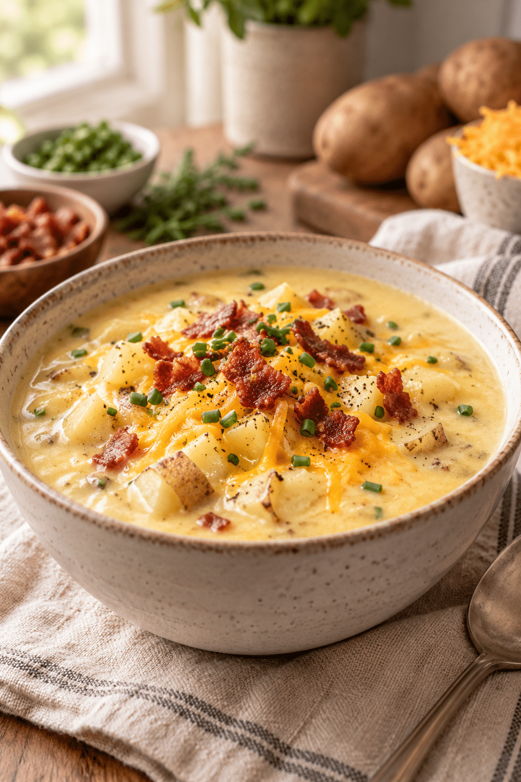 slow cooker baked potato soup in a bowl