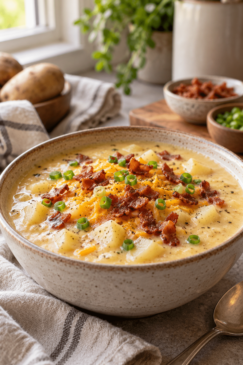 slow cooker baked potato soup ingredients arranged for preparation