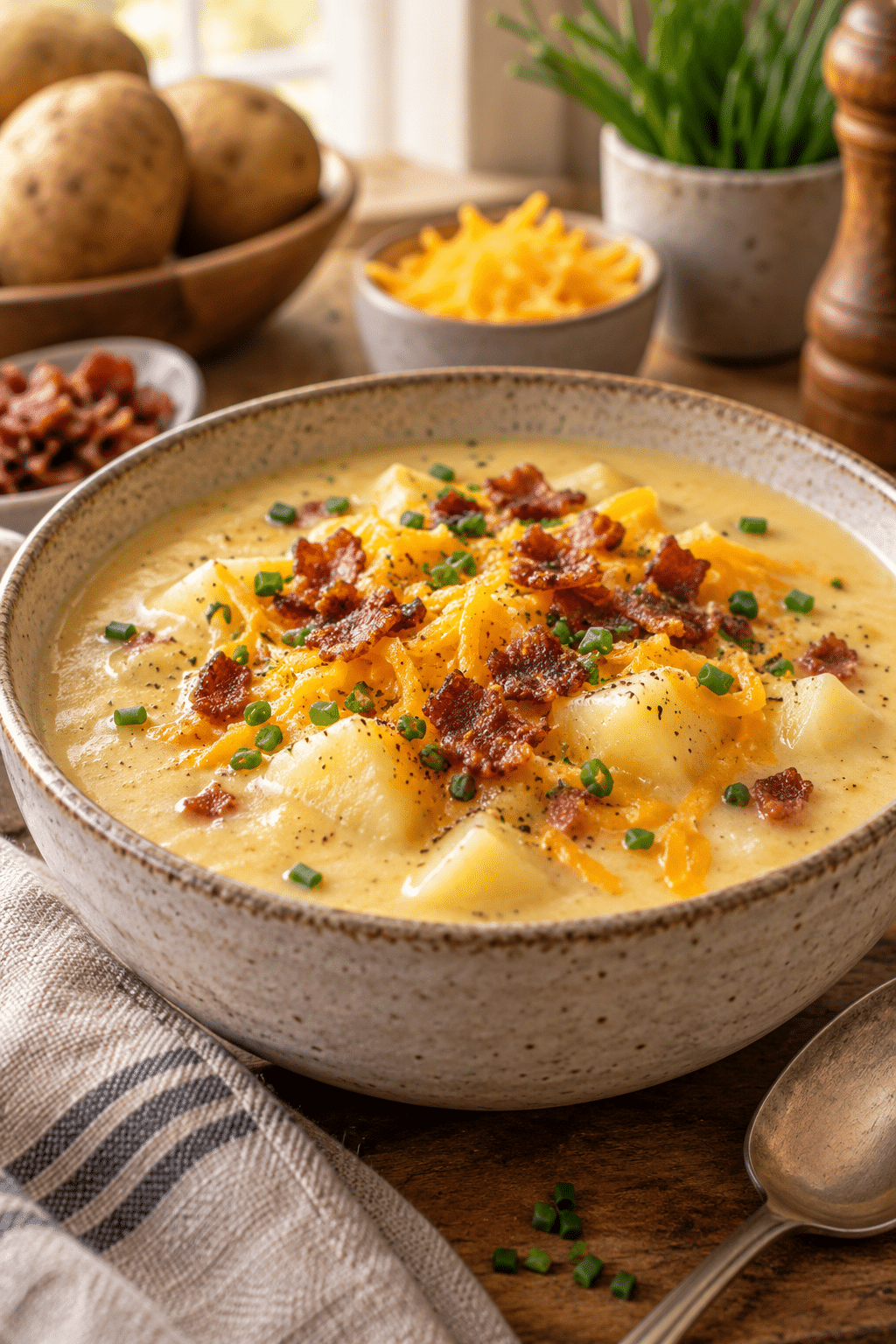 slow cooker baked potato soup being stirred as it thickens