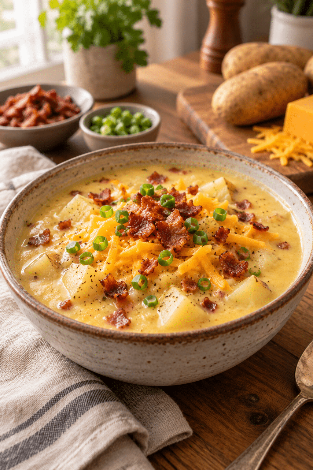 finished slow cooker baked potato soup topped with bacon