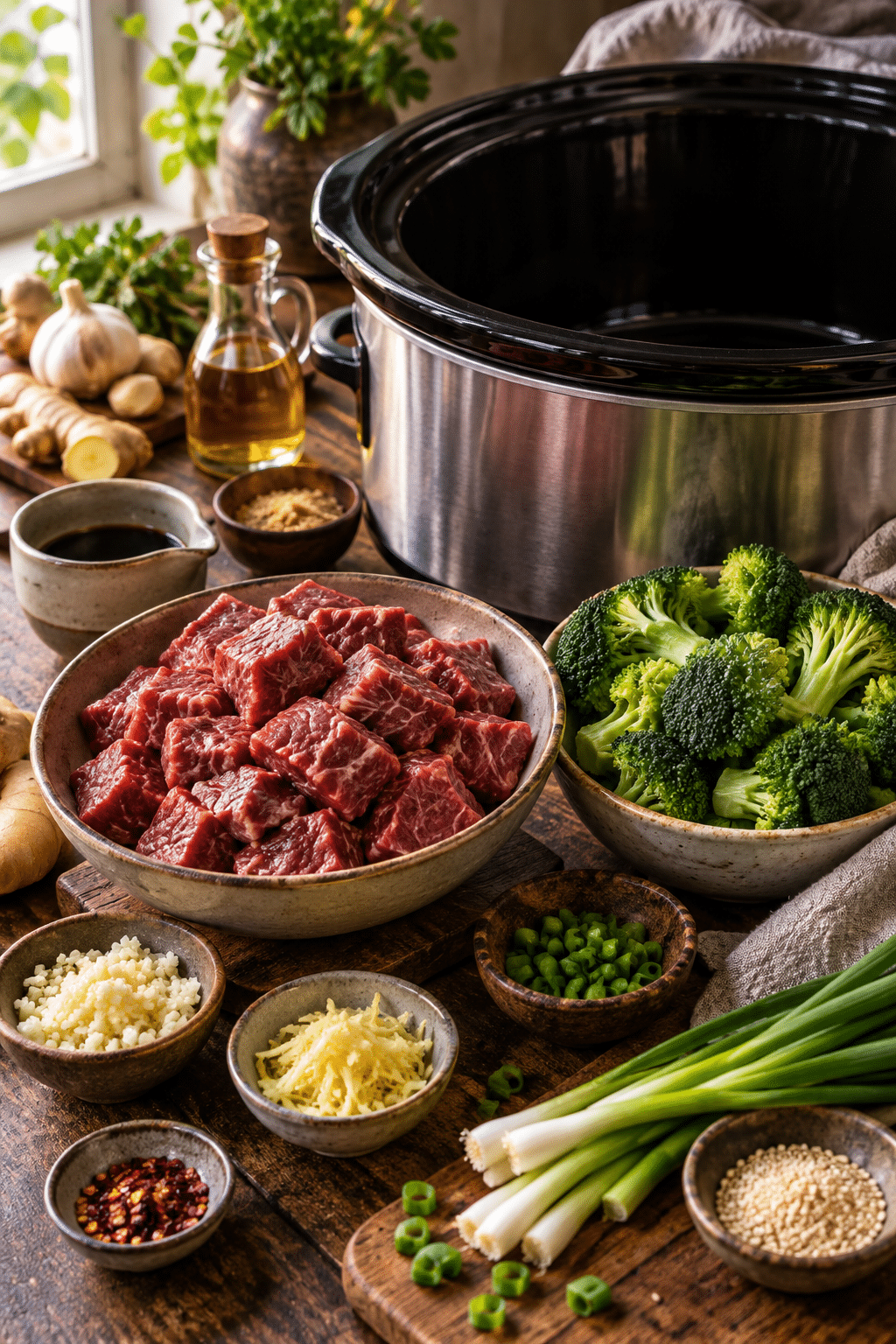slow cooker beef broccoli ingredients measured and arranged